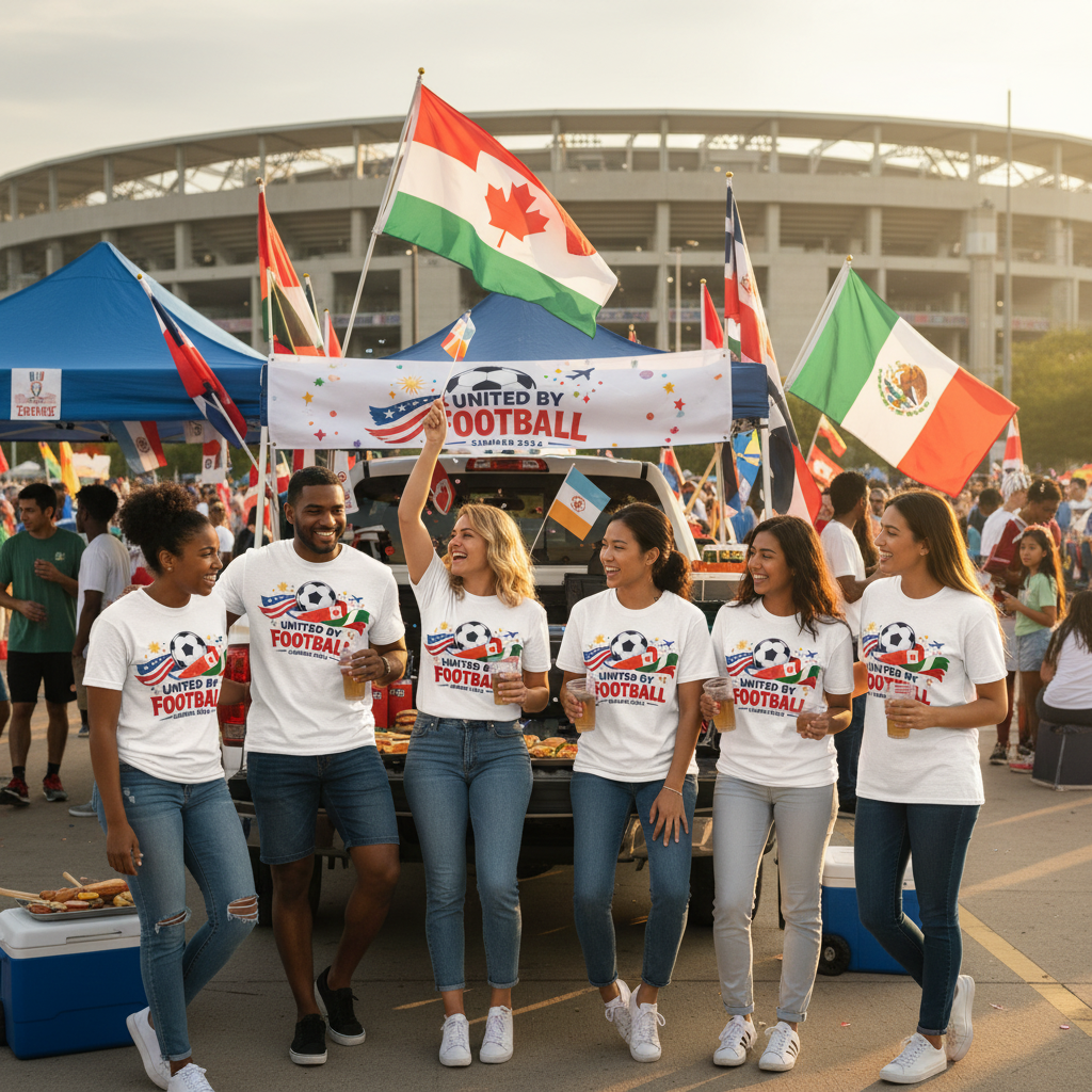 Friends tailgating in United By Football 2026 shirts outside stadium