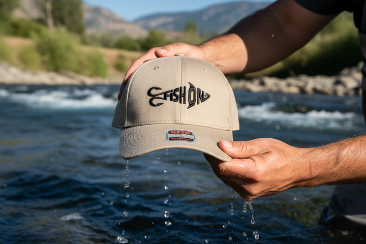 Fish On Otto Cap – held in weathered hands over river with Otto sticker visible
