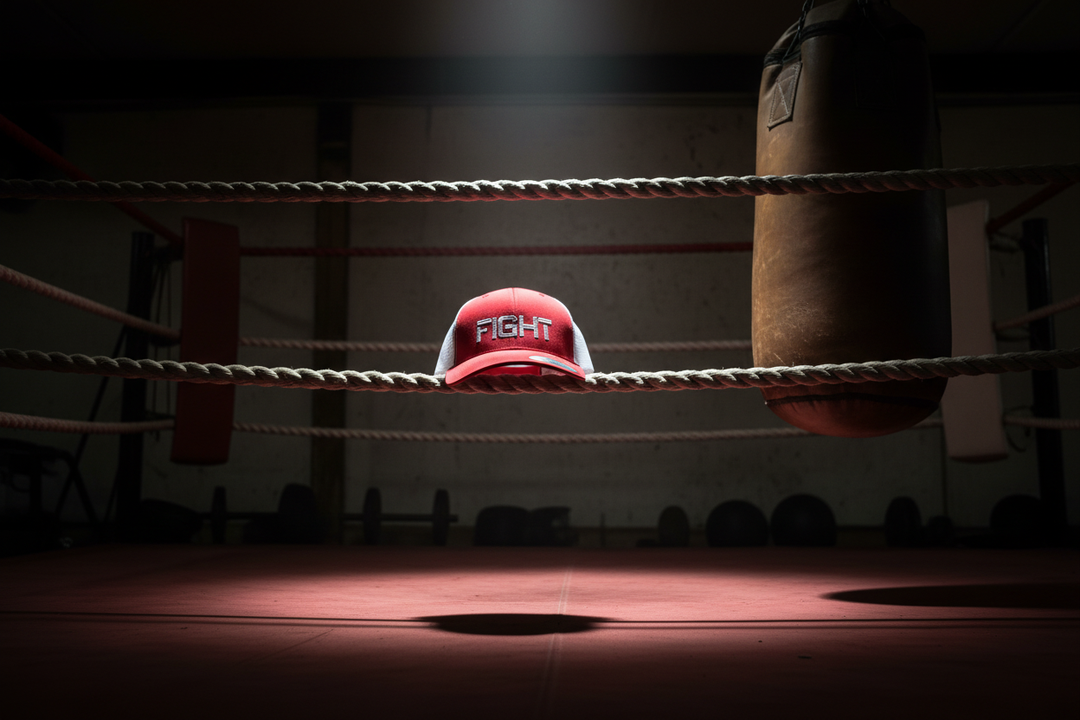 FIGHT hat in dramatic boxing gym environment with cinematic lighting