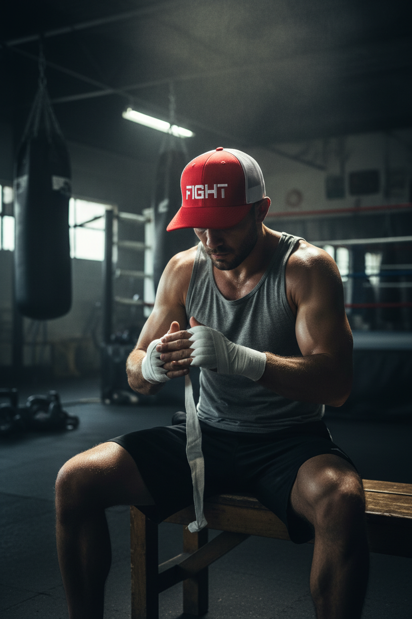 Fighter wrapping hands in boxing gym wearing FIGHT trucker hat