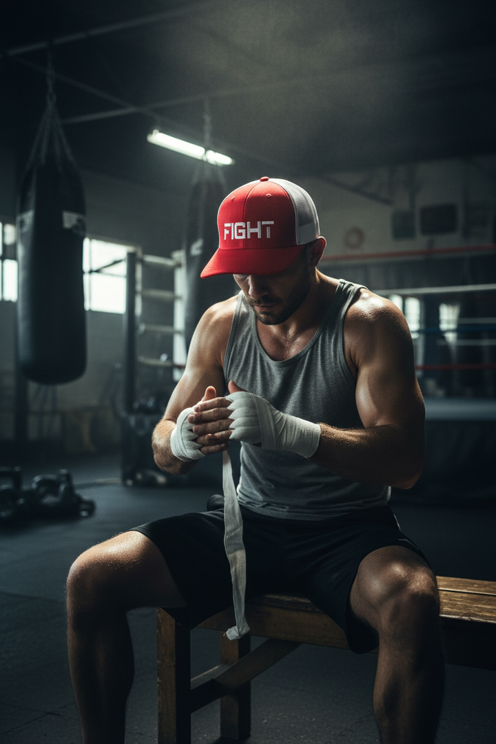 Fighter wrapping hands in boxing gym wearing FIGHT trucker hat