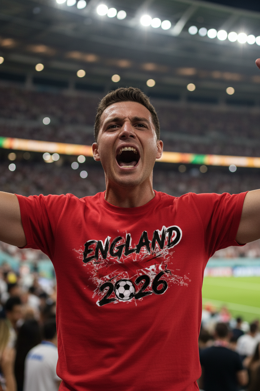 England fan wearing red England 2026 shirt inside packed World Cup stadium