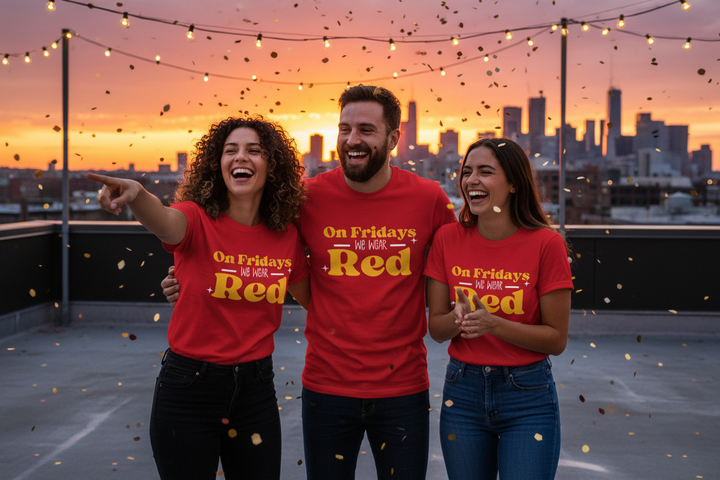 On Fridays Red tee – friend group at rooftop party at sunset