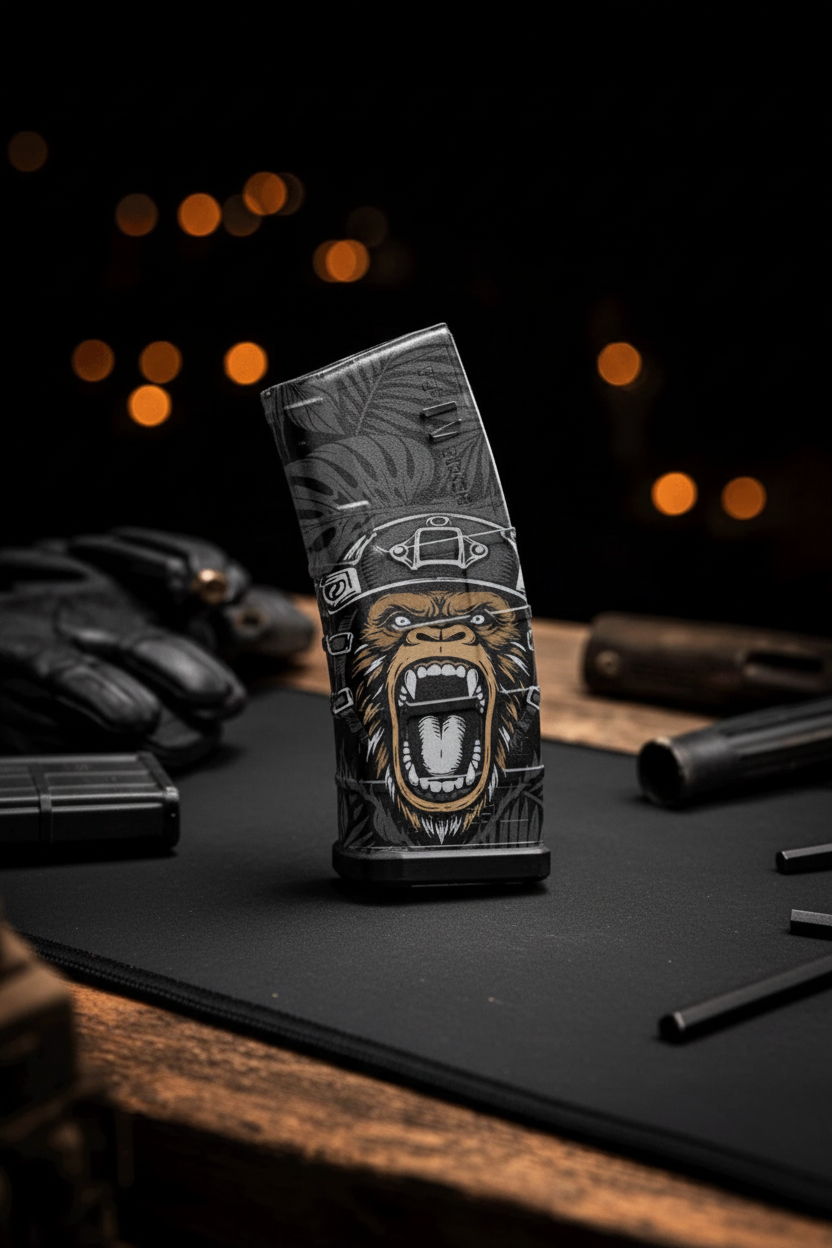 Side angle view of gorilla tactical magazine skin on black tactical mat with gear