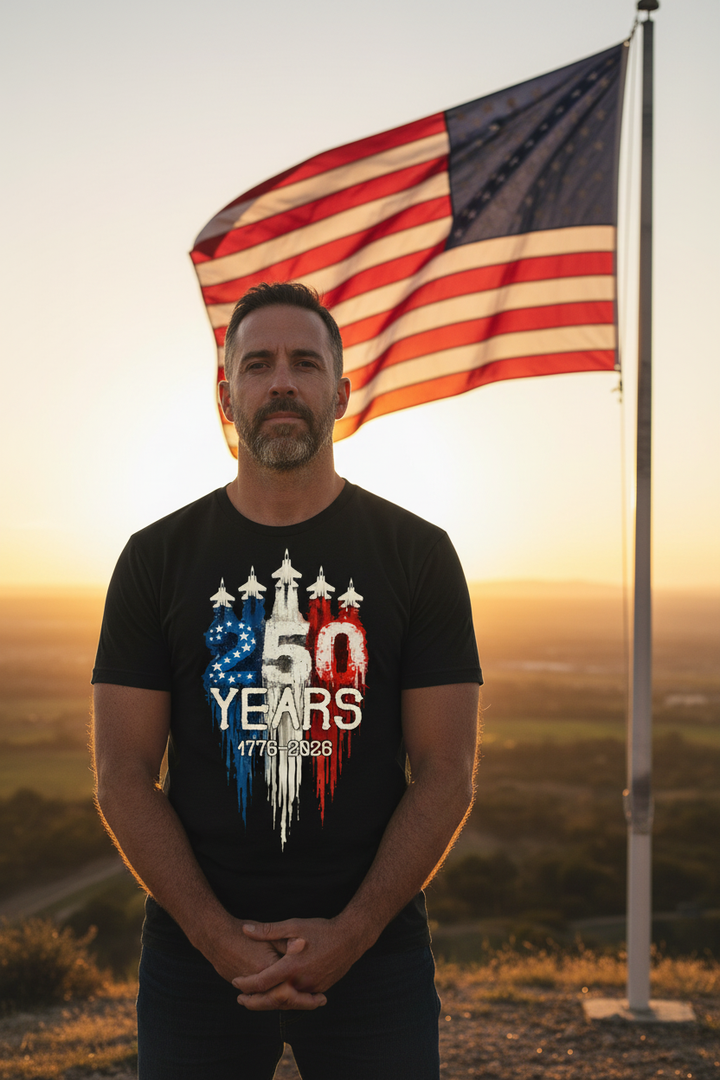 Veteran wearing 250 Years fighter jets patriotic t-shirt standing with American flag at sunset