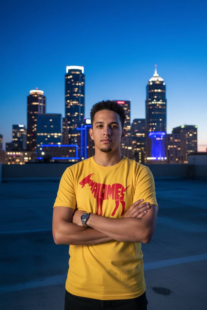 Mahomes GOAT tee yellow – man on KC rooftop at blue hour