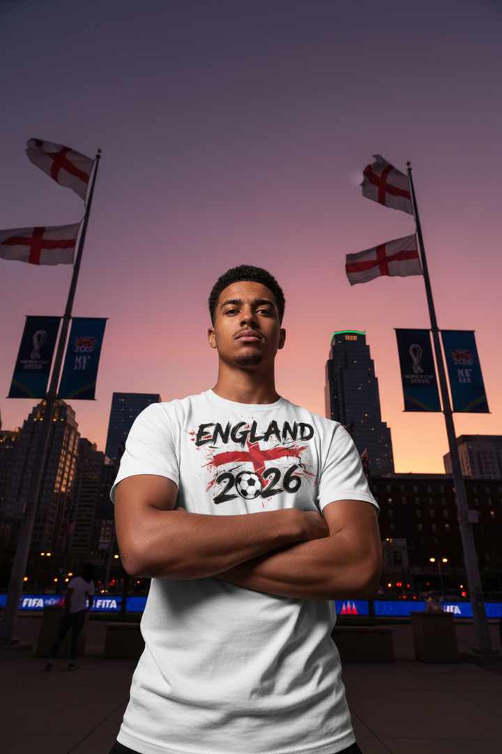 England fan in white England 2026 shirt in front of Kansas City skyline at dusk