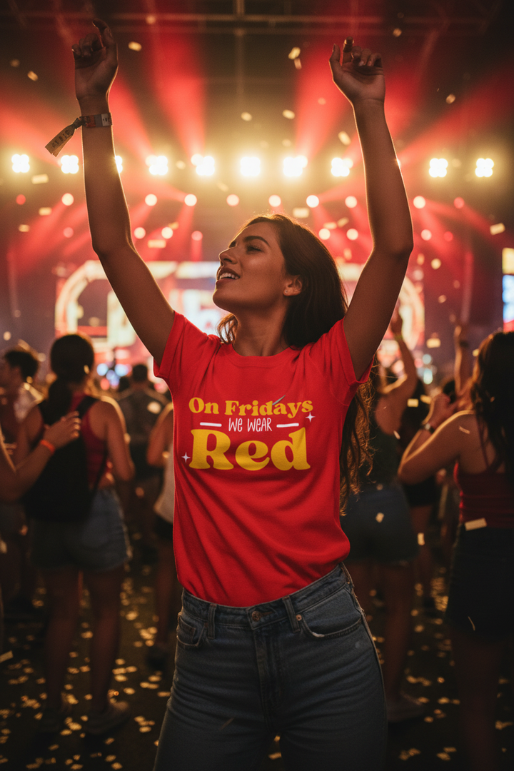 On Fridays Red tee – woman dancing at outdoor concert with red and gold stage lights