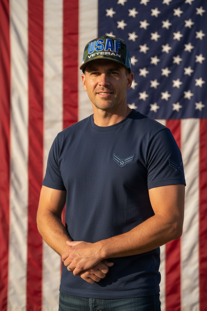 Male Air Force veteran wearing USAF hat with American flag