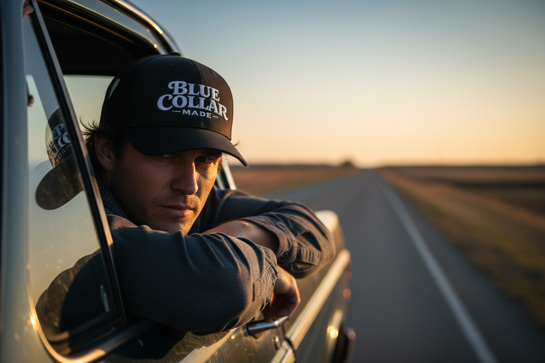 Man wearing Blue Collar Made hat leaning out truck window on rural highway