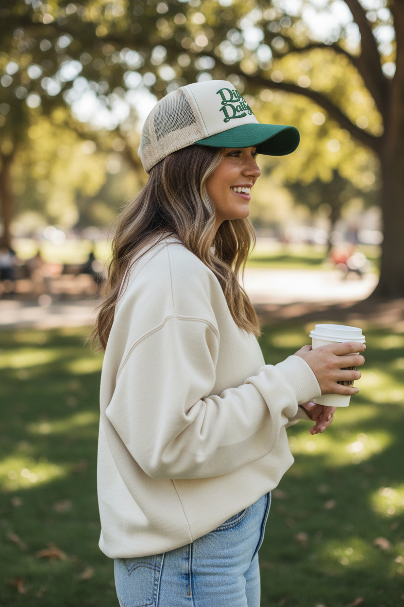Dilly Dallying hat lifestyle - side profile park