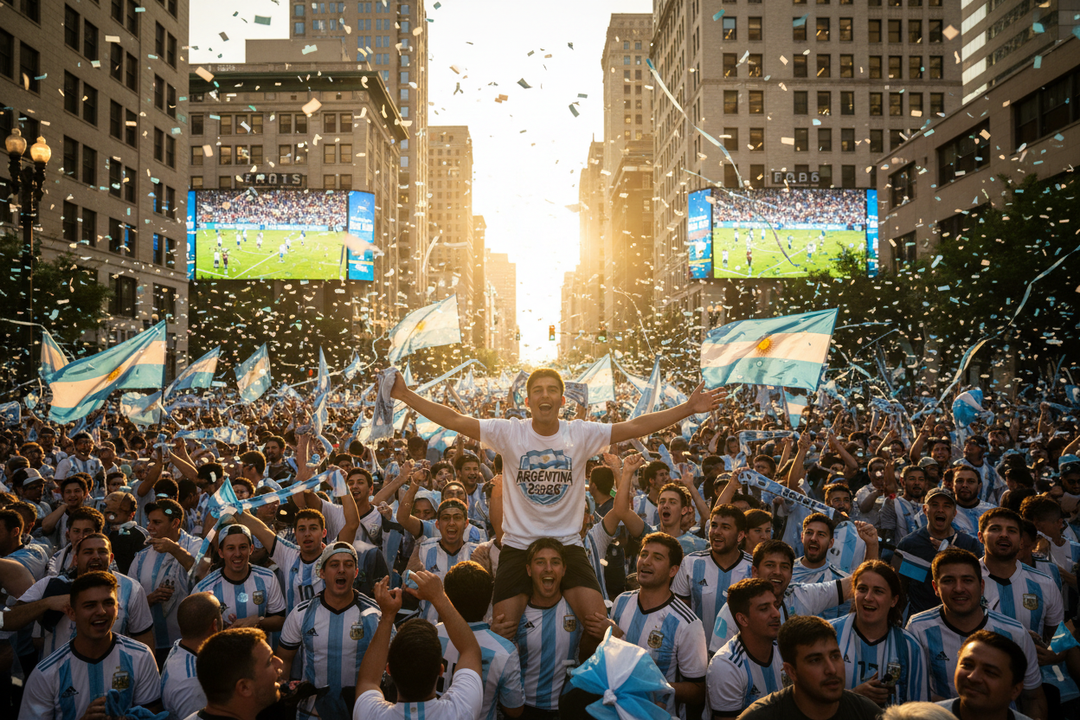 Argentine fans celebrating in downtown Kansas City during 2026 World Cup wearing white Argentina tee