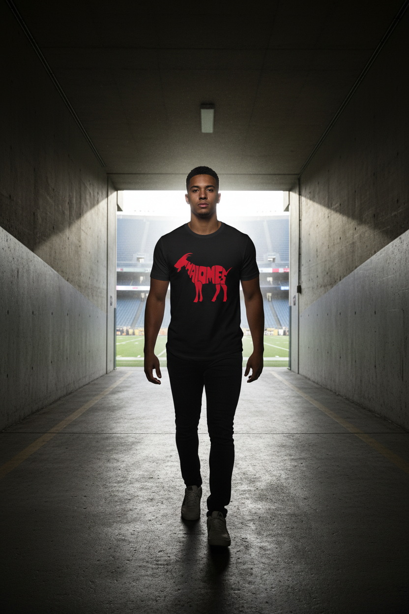 Mahomes GOAT tee black – man walking through stadium tunnel