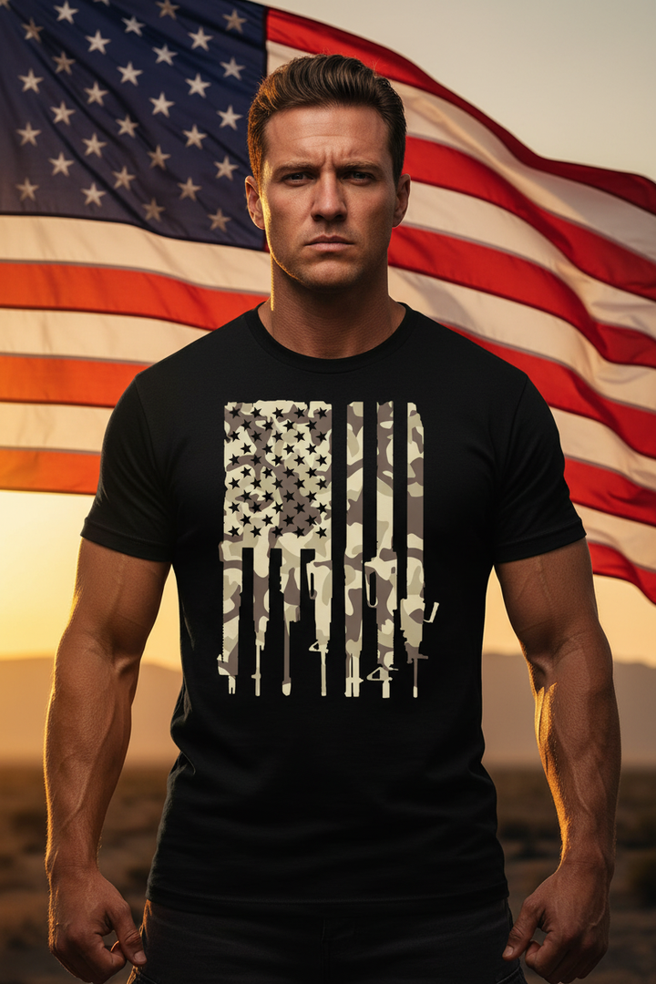 Model wearing 2A desert camo shirt - chest and shoulders