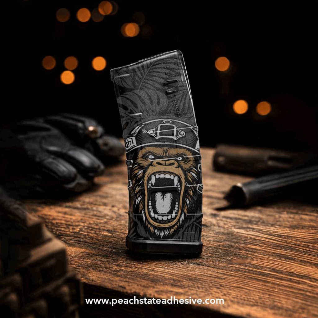 Tactical PMag with gorilla skin design on wooden surface dramatic studio lighting