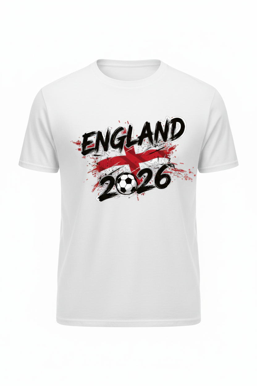 England 2026 World Cup graphic tee on white t-shirt mockup
