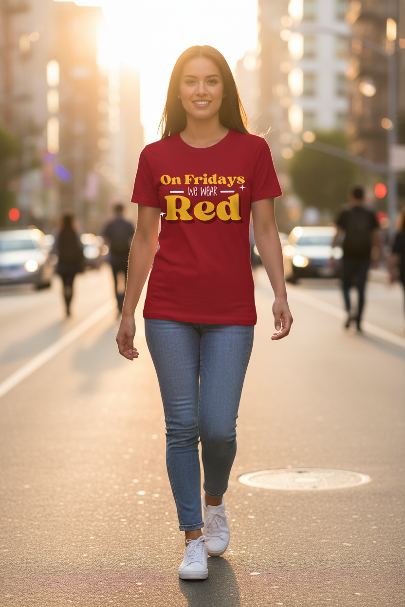 On Fridays Red tee – woman walking city street at golden hour