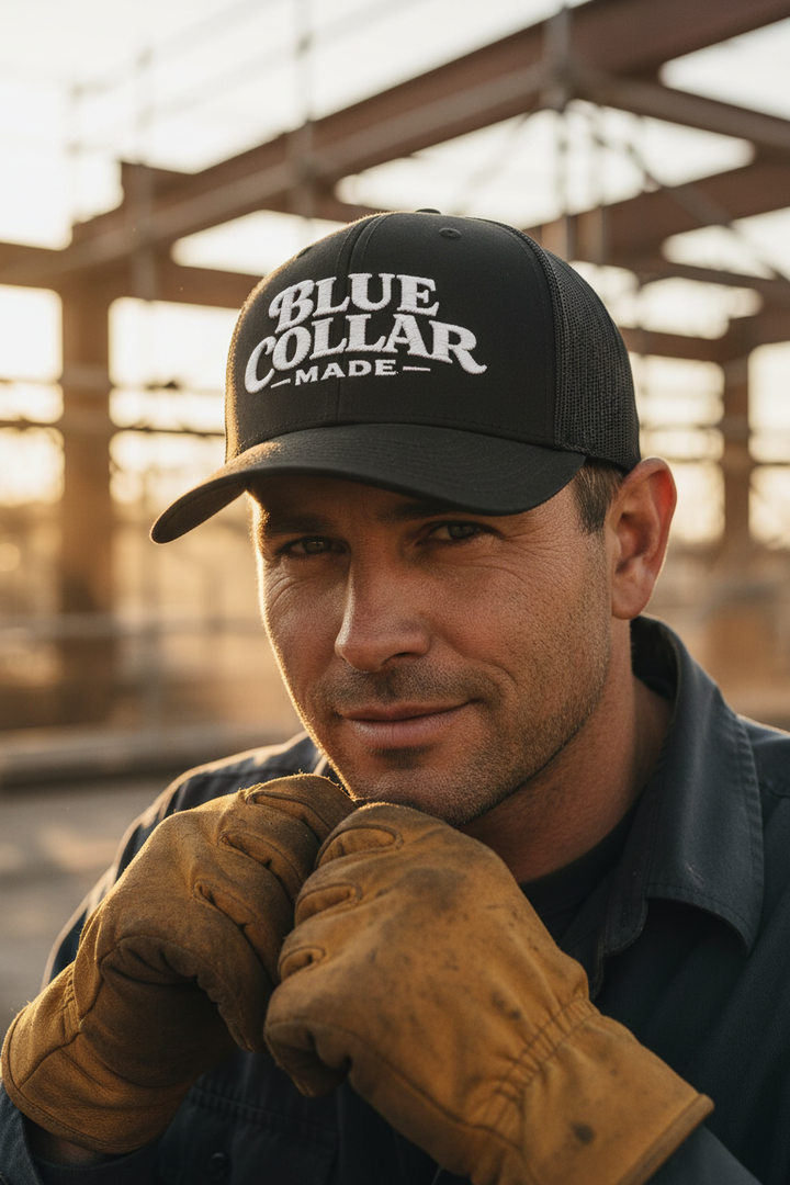 Man wearing Blue Collar Made hat on construction job site at golden hour