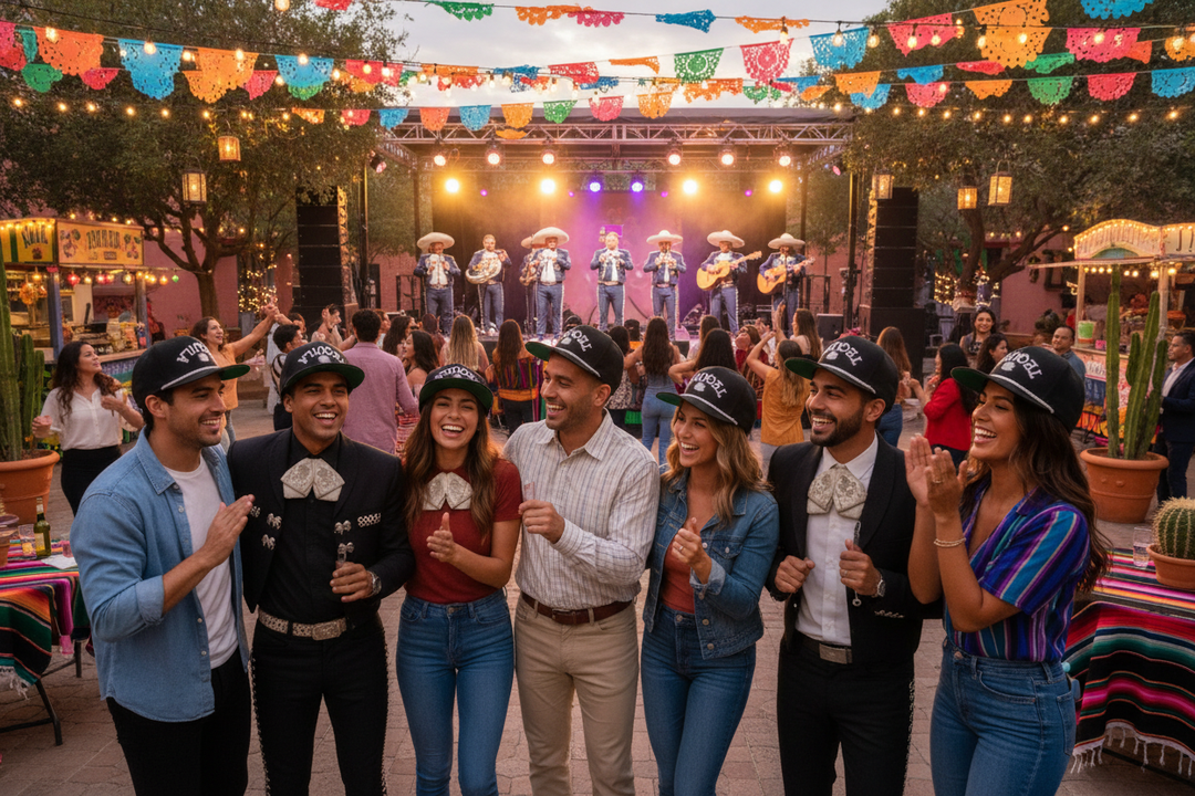 Friends wearing Tequila hats watching live mariachi band at outdoor fiesta