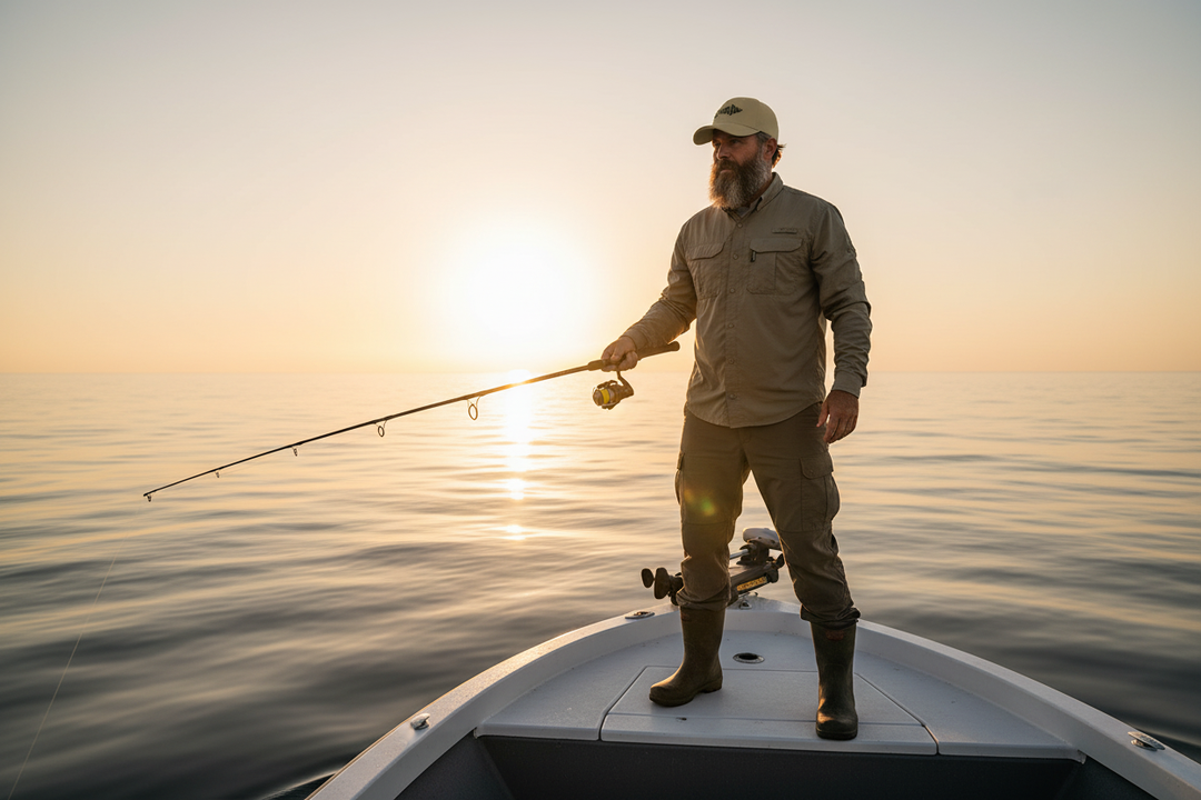 Fish On Otto Cap – worn by man on fishing boat at sunrise