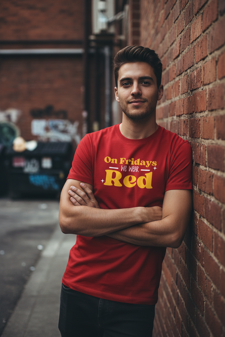 On Fridays Red tee – stylish man leaning against urban brick wall