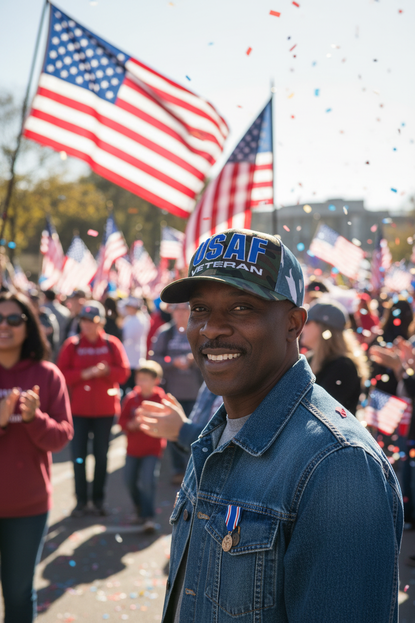 Veteran at Veterans Day parade wearing USAF hat