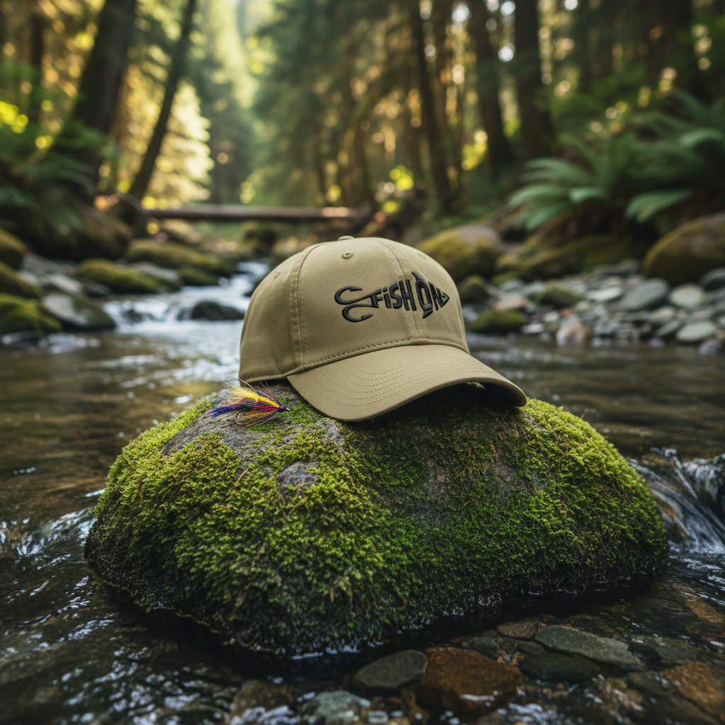 Fish On Otto Cap – resting on mossy river rock beside mountain stream
