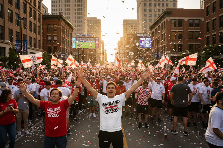 England fans celebrating in downtown Kansas City during 2026 World Cup wearing white England tee