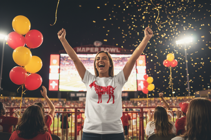 Mahomes GOAT tee white – Super Bowl watch party with confetti and balloons