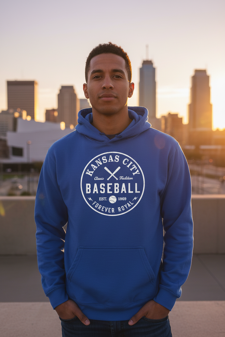 Royal blue vintage Kansas City circle hoodie hero shot