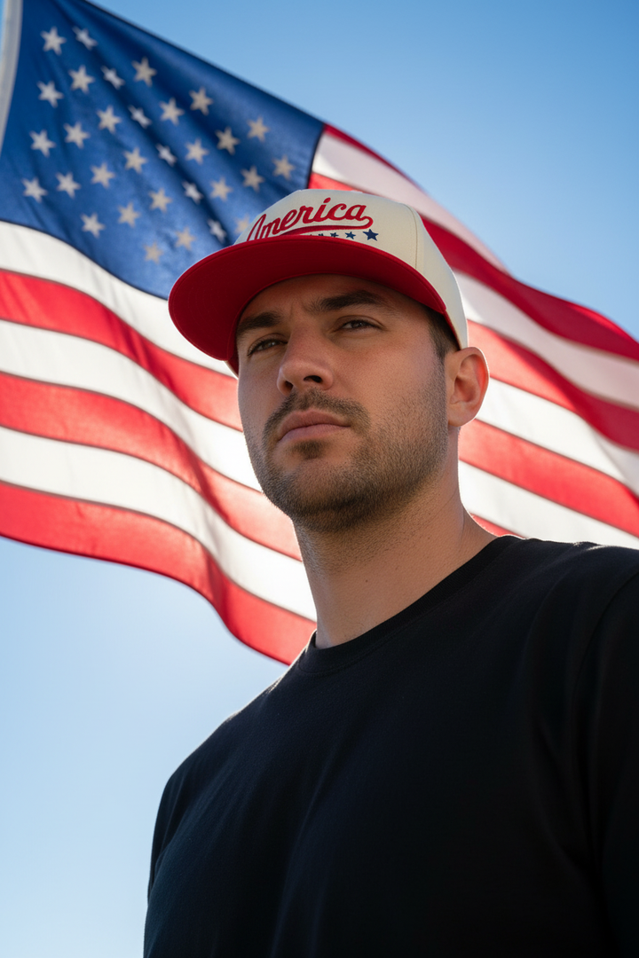 Low angle power shot of man wearing America Love It Or Leave It hat with giant flag behind