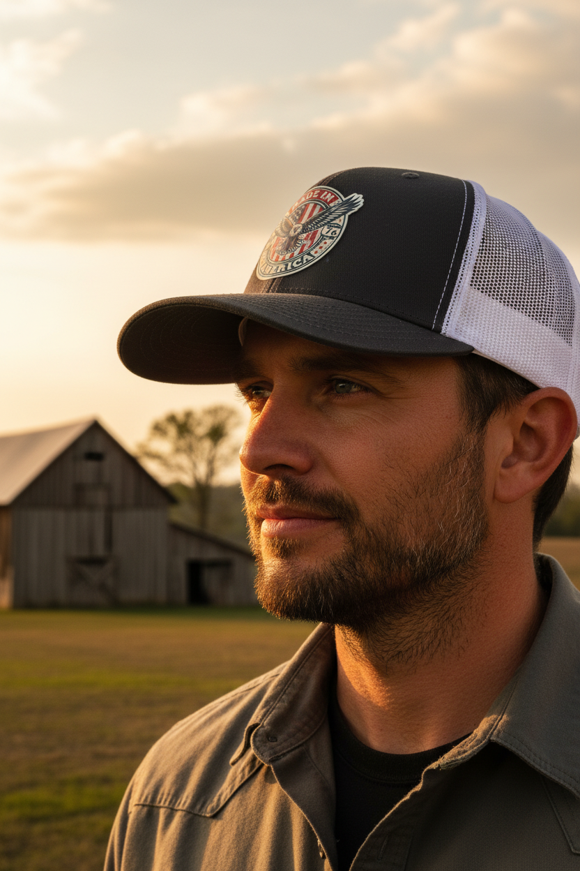 Portrait of model wearing Made in America 1776 anniversary hat