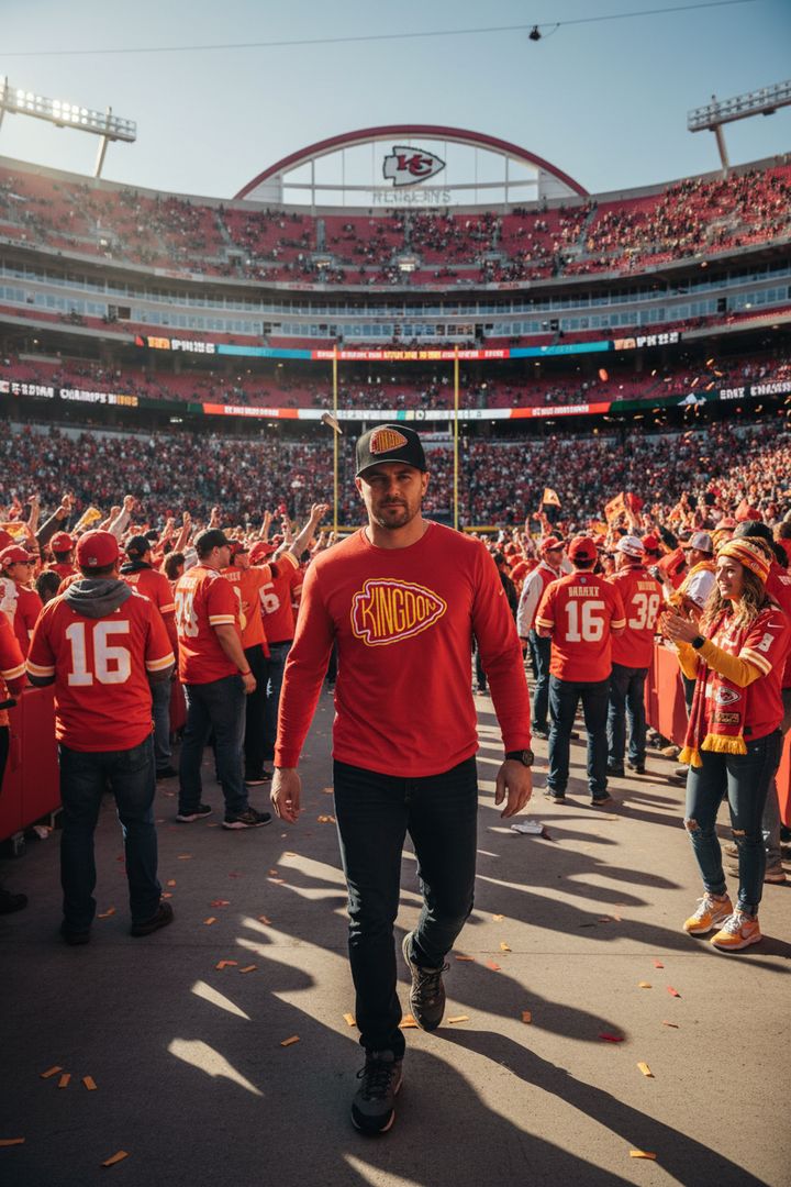 KC fan walking through Kansas City wearing Kingdom hat