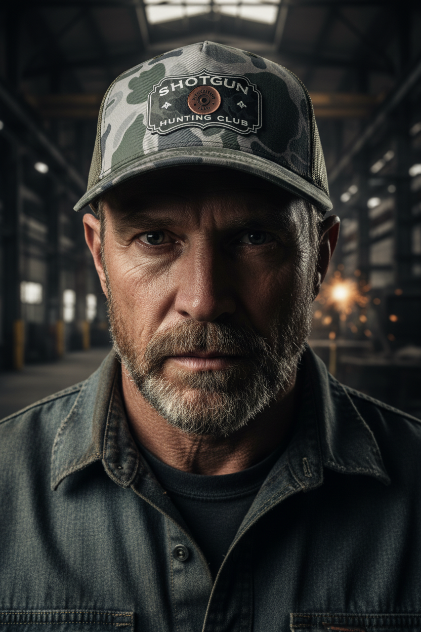 Industrial worker close-up wearing Shotgun Hunting Club hat