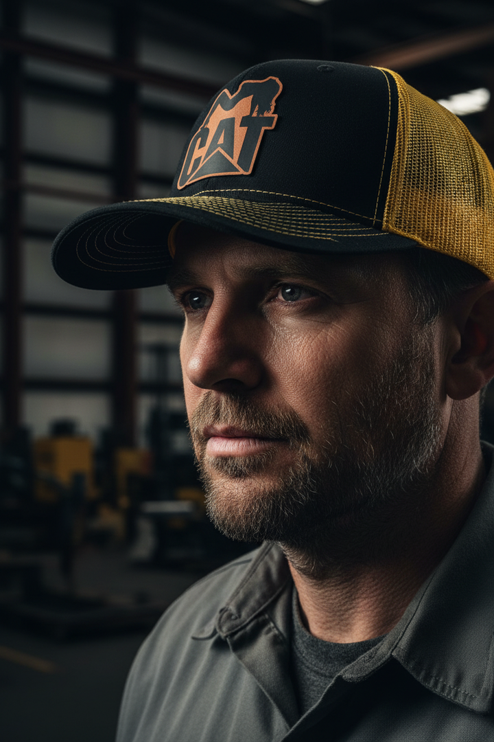 Industrial worker with dramatic lighting wearing CAT hat