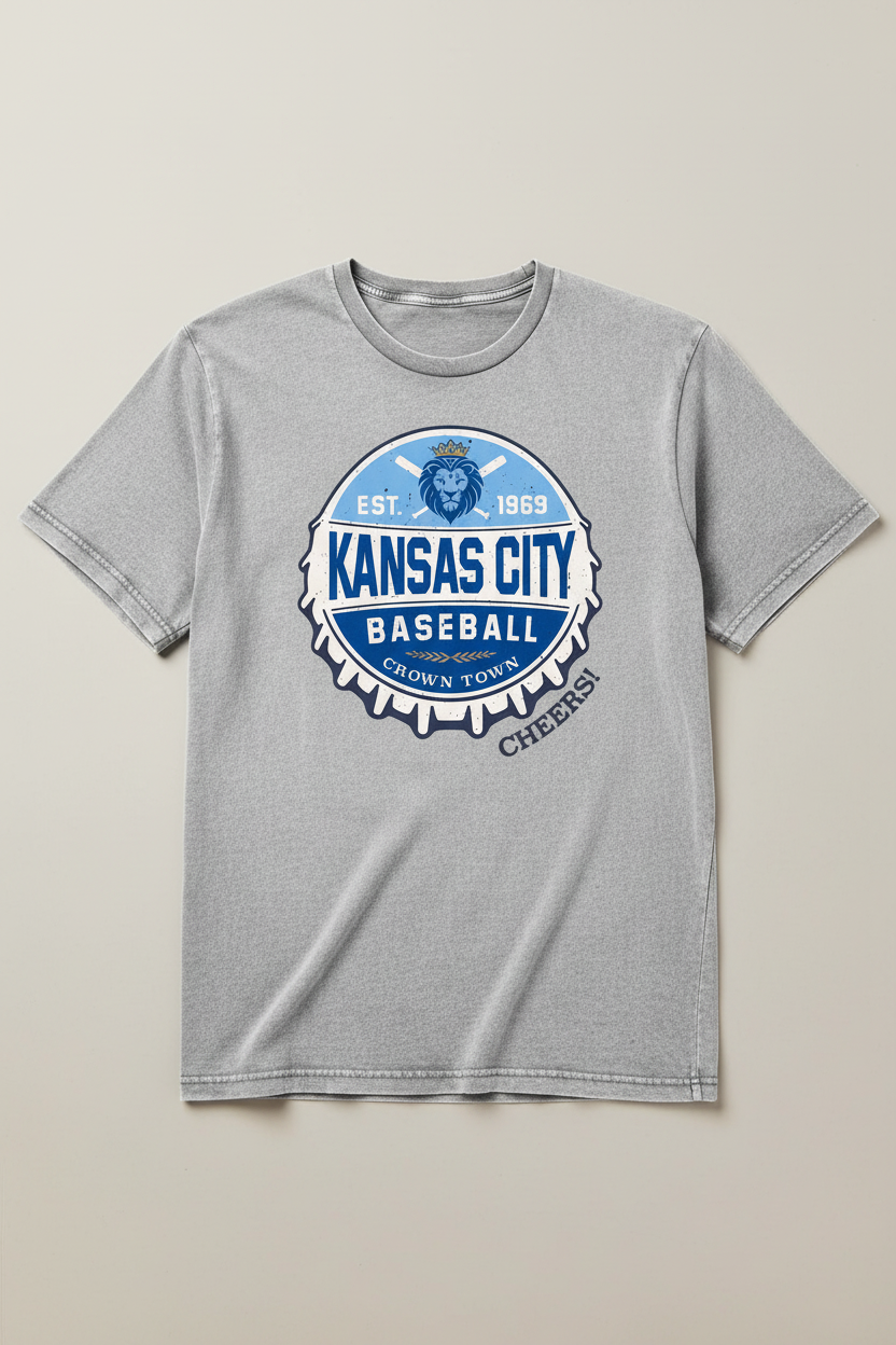 Kansas City Baseball Bottle Cap on Light Gray T-Shirt