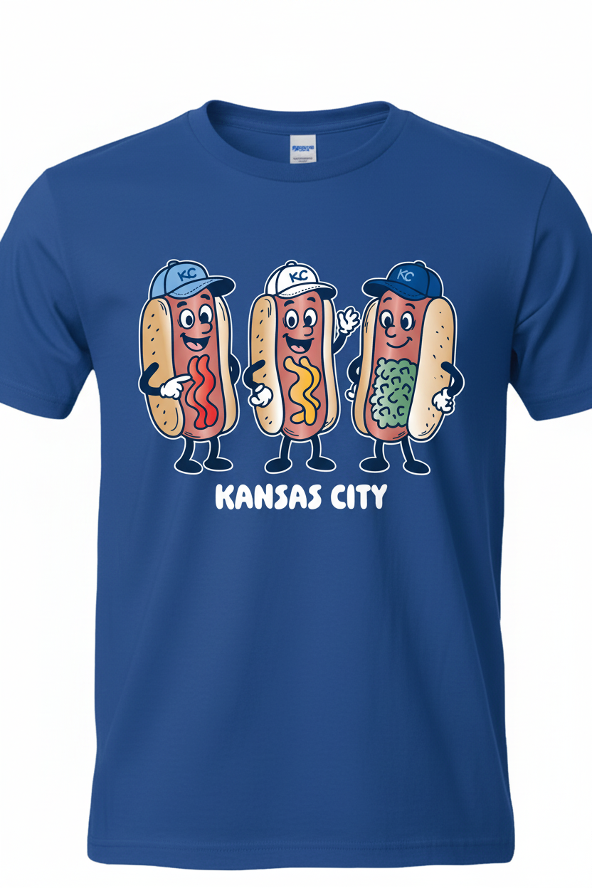 KC Hot Dogs on Royal Blue tee