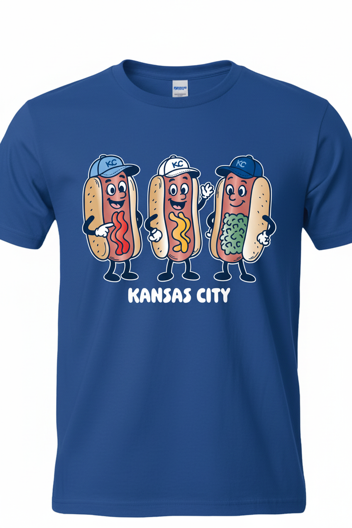 KC Hot Dogs on Royal Blue tee