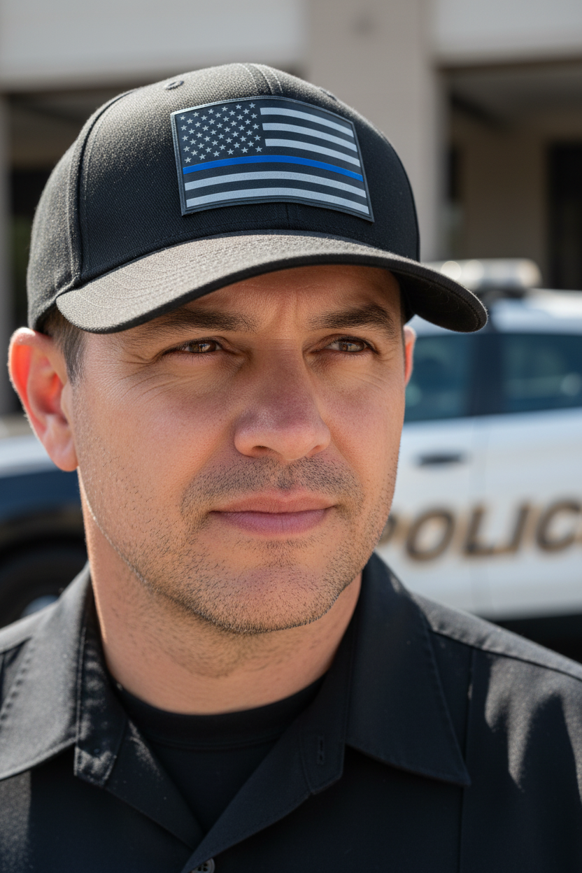 Law enforcement supporter with Flexfit sticker visible