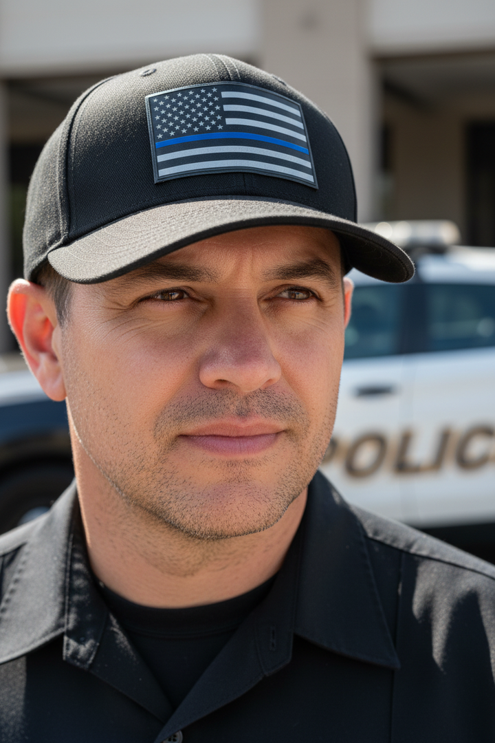 Law enforcement supporter with Flexfit sticker visible