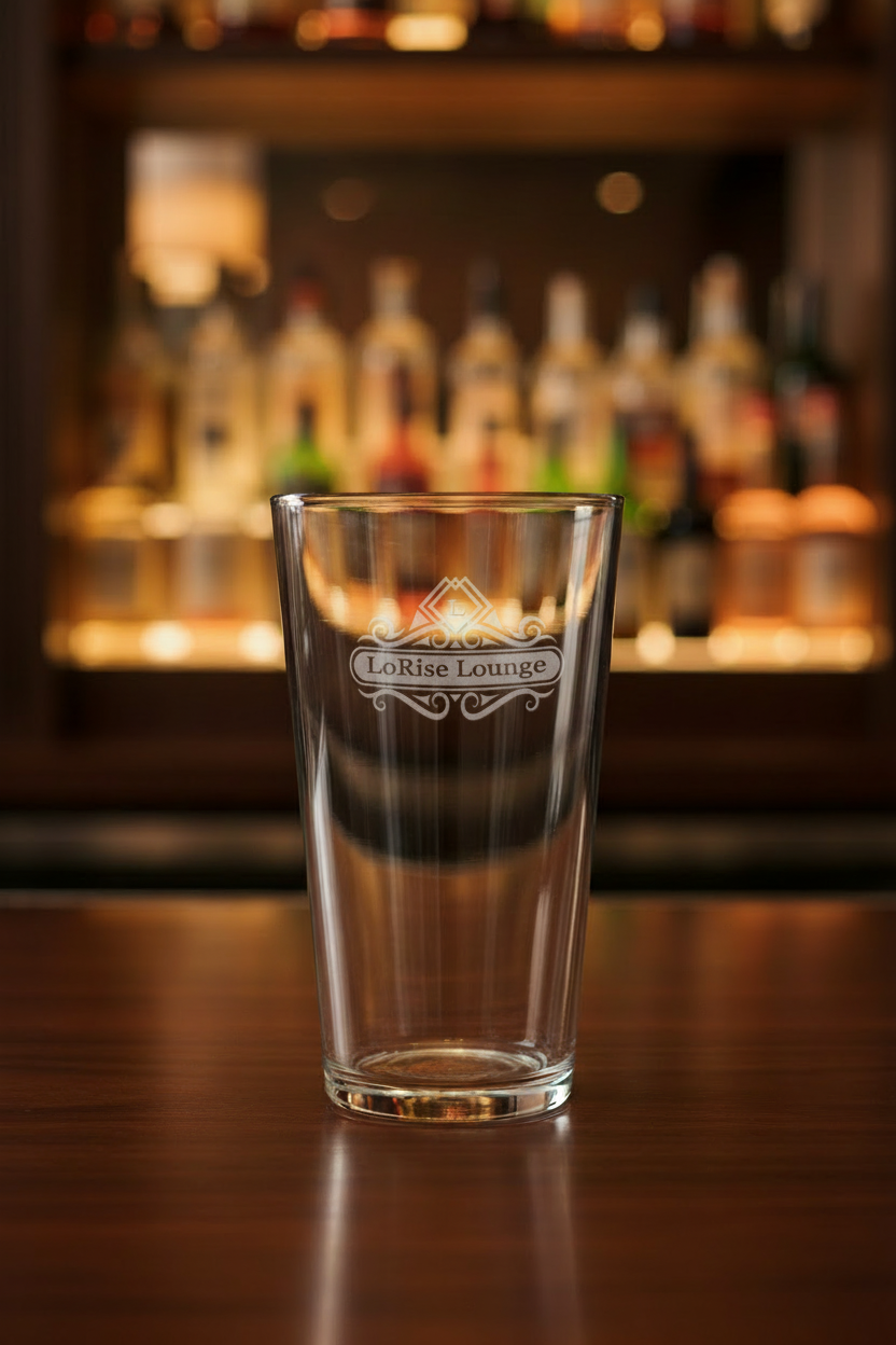 LoRise Lounge Engraved Pint Glass on Bar Top