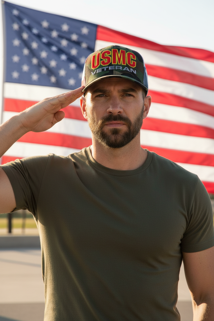 Male Marine veteran with flag