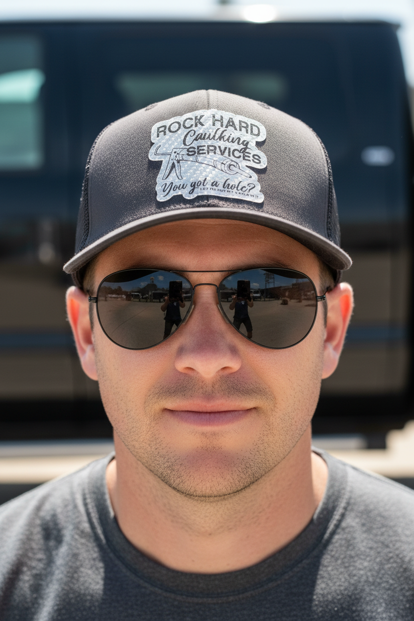 Man with sunglasses and truck wearing Rock Hard Caulking hat