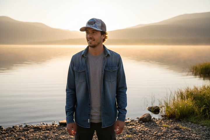 Model at lake shore wearing Busch Latte hat at dawn