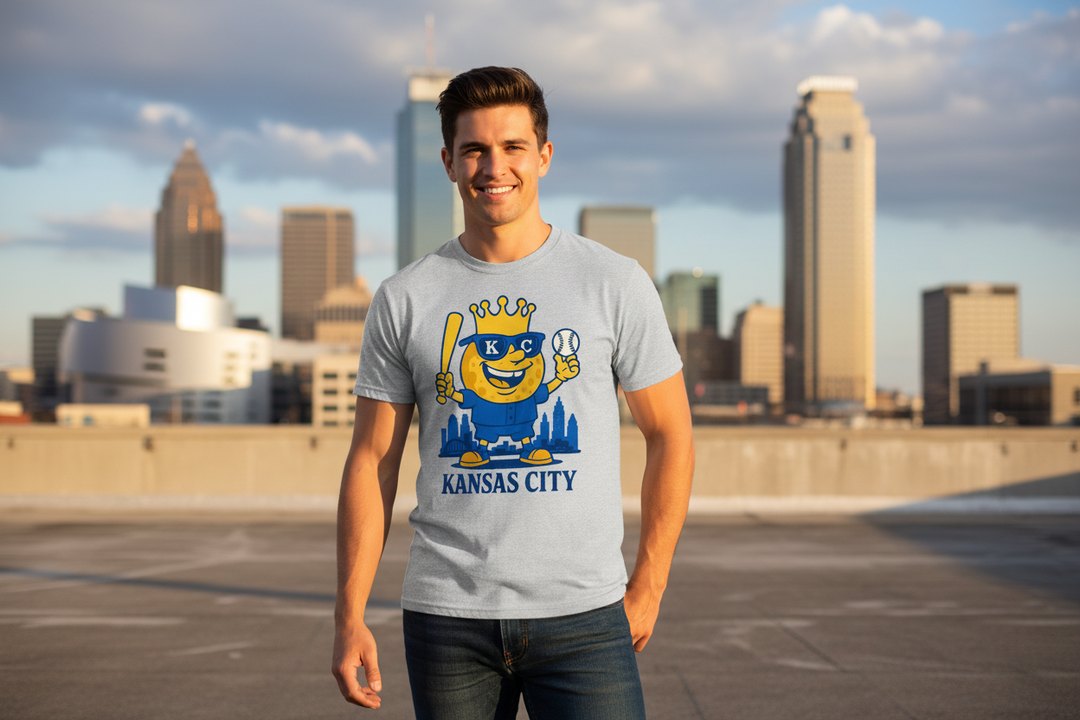 Model in grey KC tee urban setting