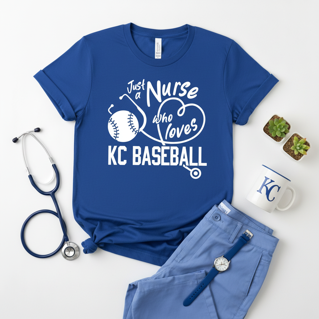 Just a Nurse Who Loves KC Baseball - Royal Blue T-Shirt Flat Lay