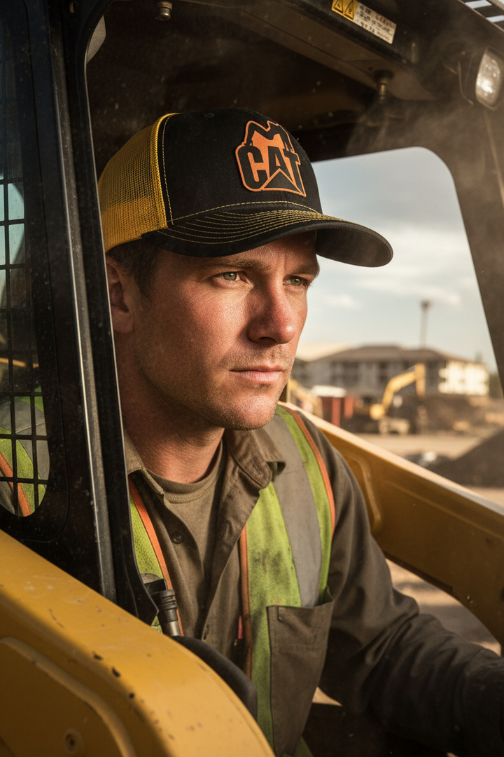 Operator in CAT skid steer wearing CAT hat