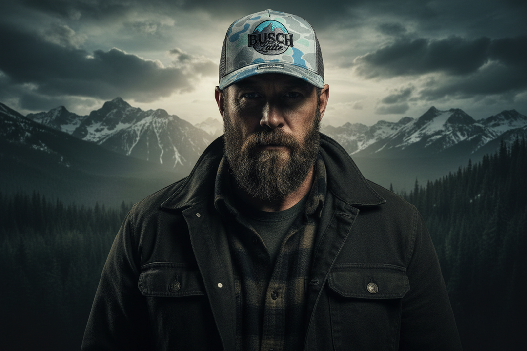 Over the top badass model portrait in Busch Latte hat