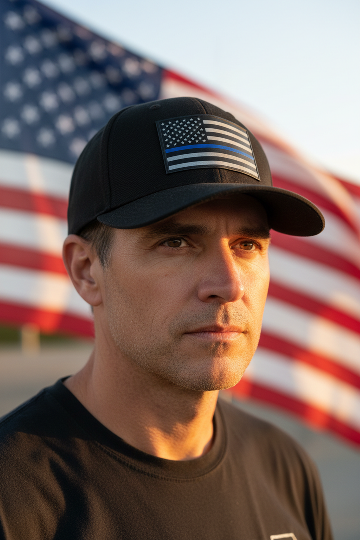 Patriotic man with American flag wearing Thin Blue Line hat