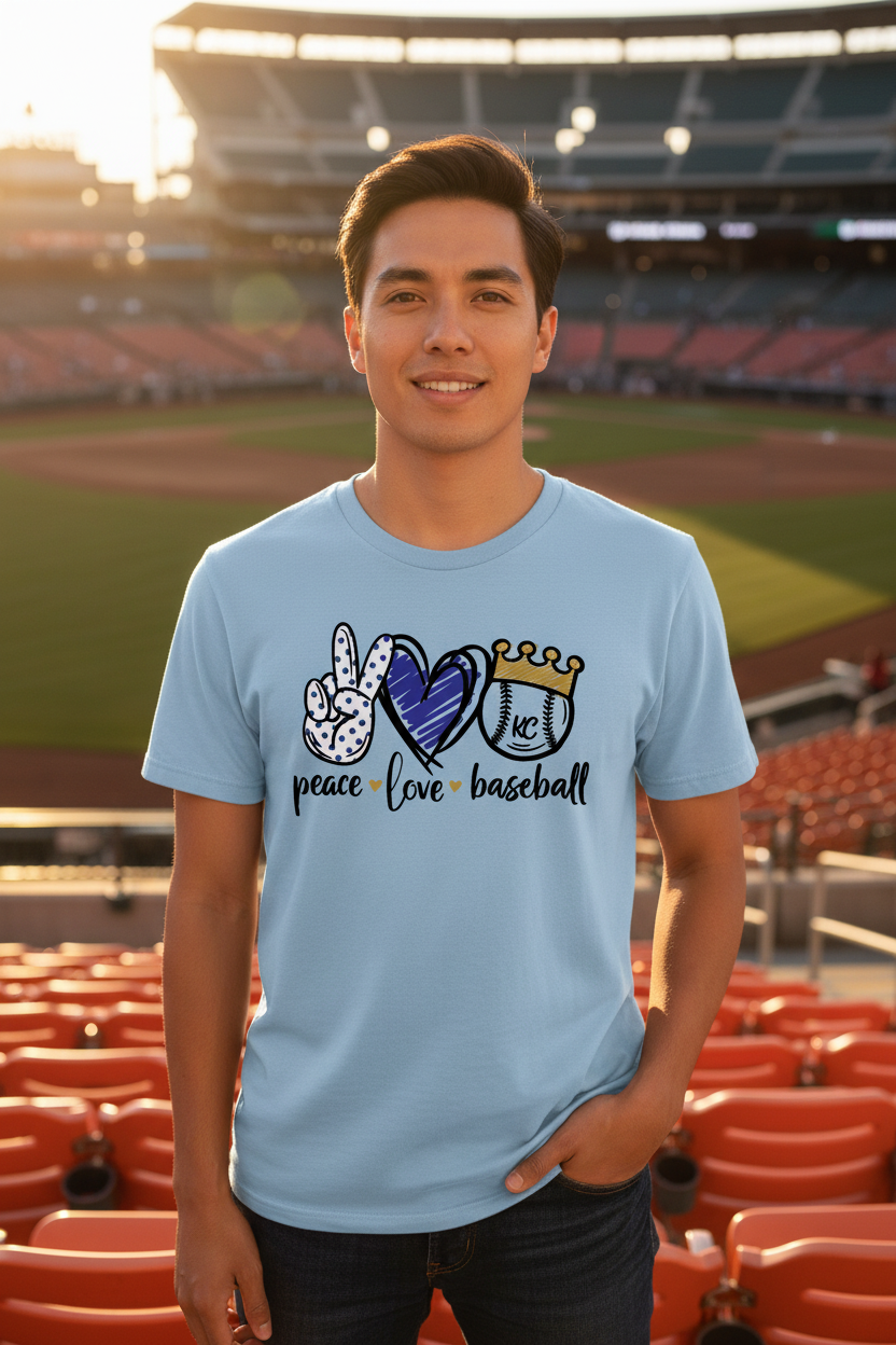 Peace Love Baseball light blue tee hero